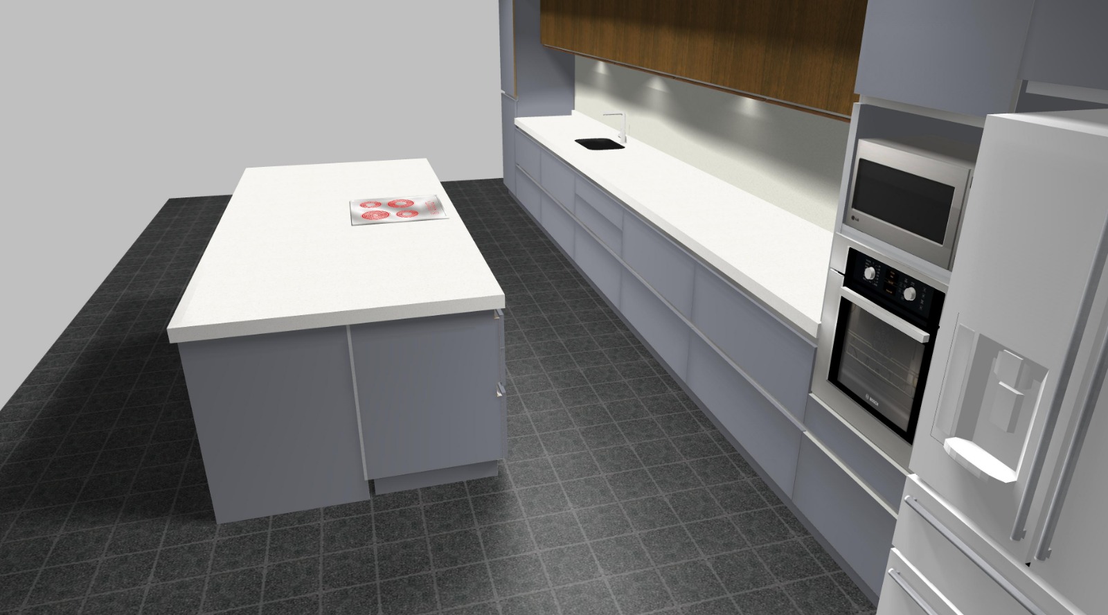 Render 3D de cocina contemporánea en dos tonos