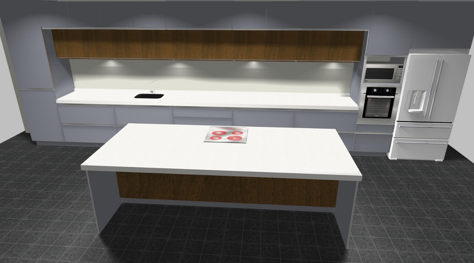 Render 3D de vestidor moderno con estantes y percheros