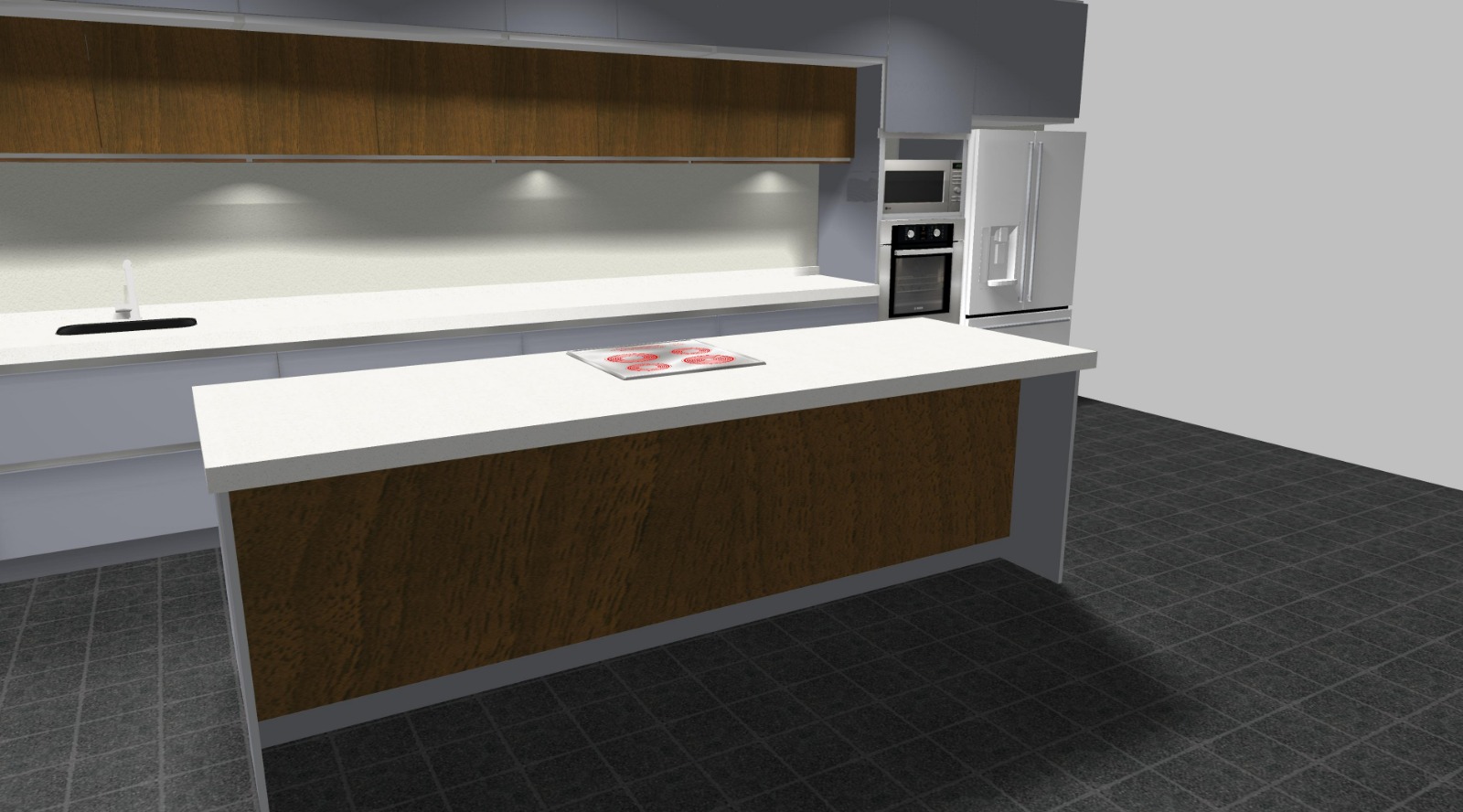 Render 3D de rack de TV y panel para living